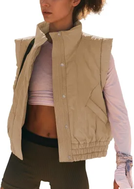 Ainangua Women Cropped Puffer Vest Button Sleeveless Light Jacket Scrunch Stand Collar Essentials Gilet with Pockets