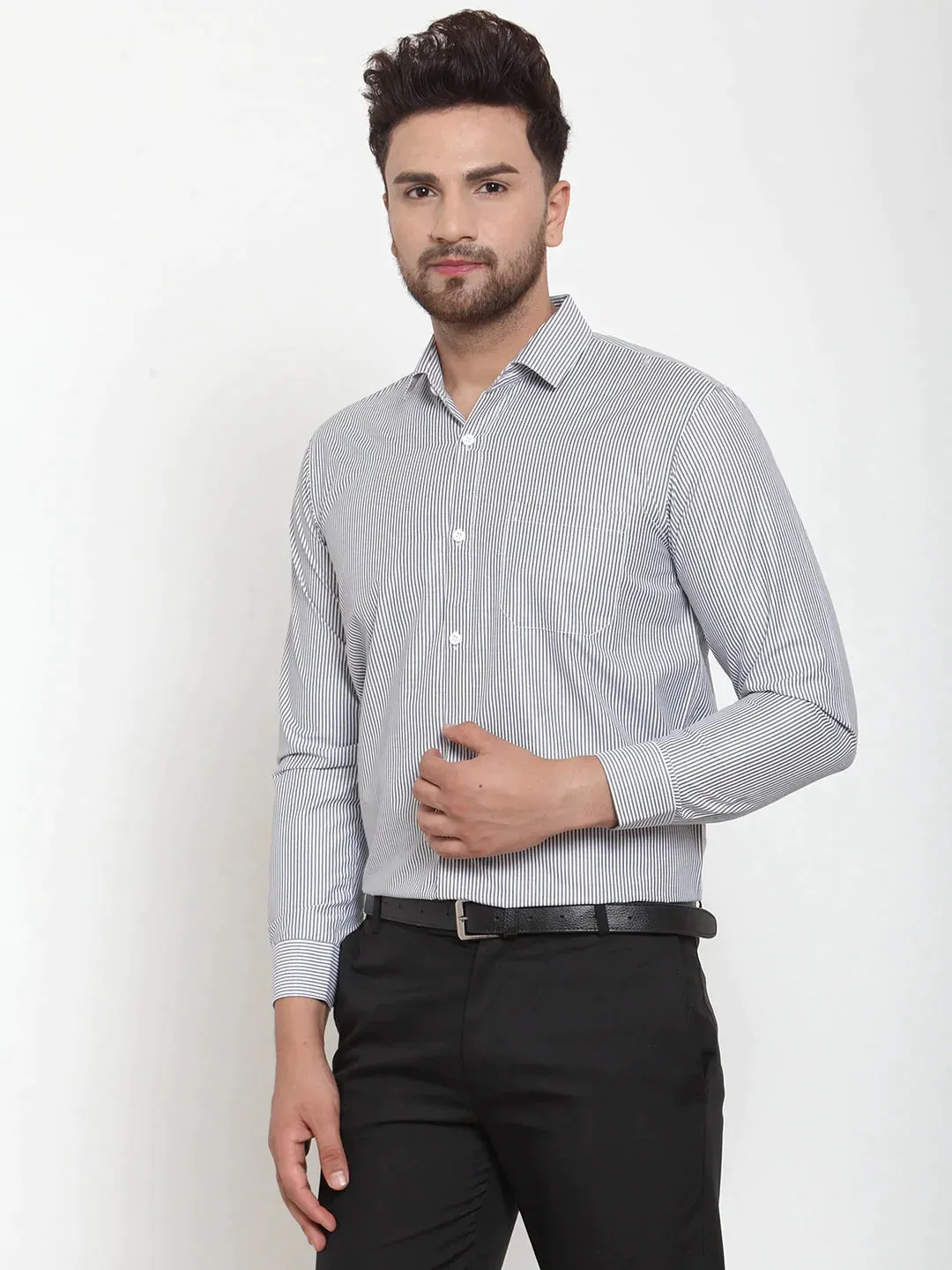 Black Men'S Cotton Striped Formal Shirt'S