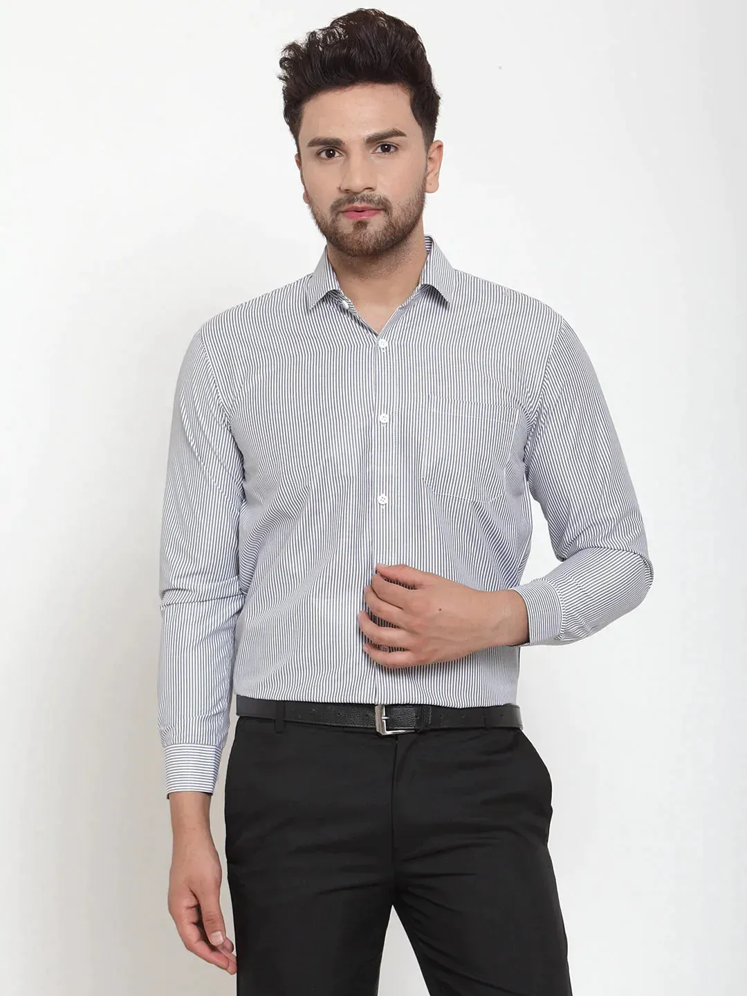 Black Men'S Cotton Striped Formal Shirt'S