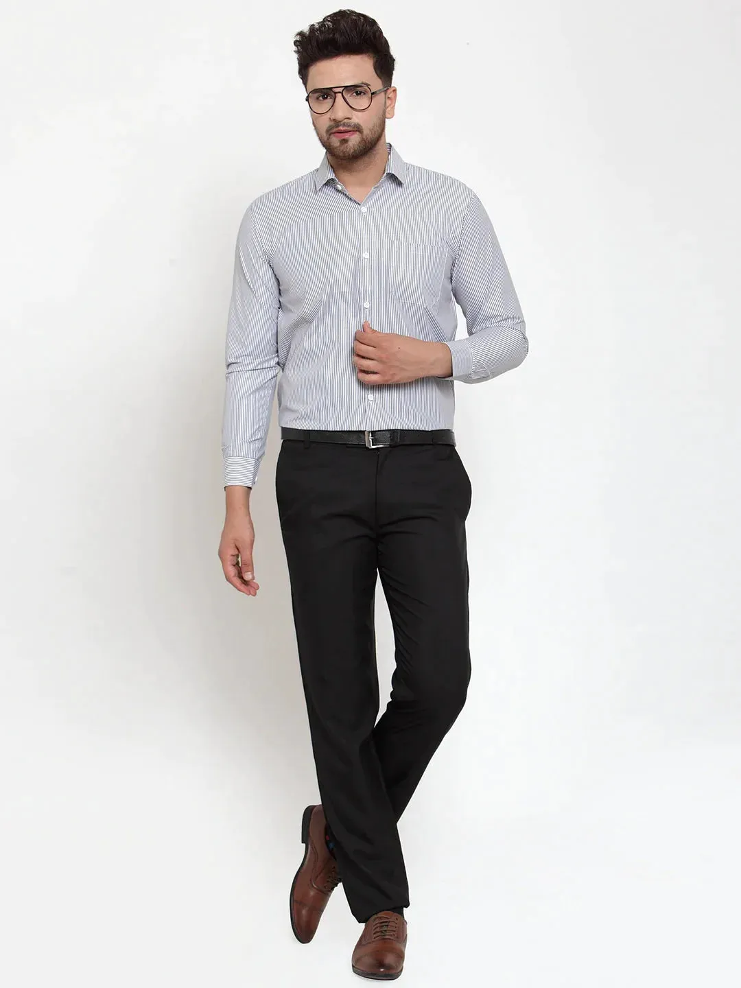 Black Men'S Cotton Striped Formal Shirt'S