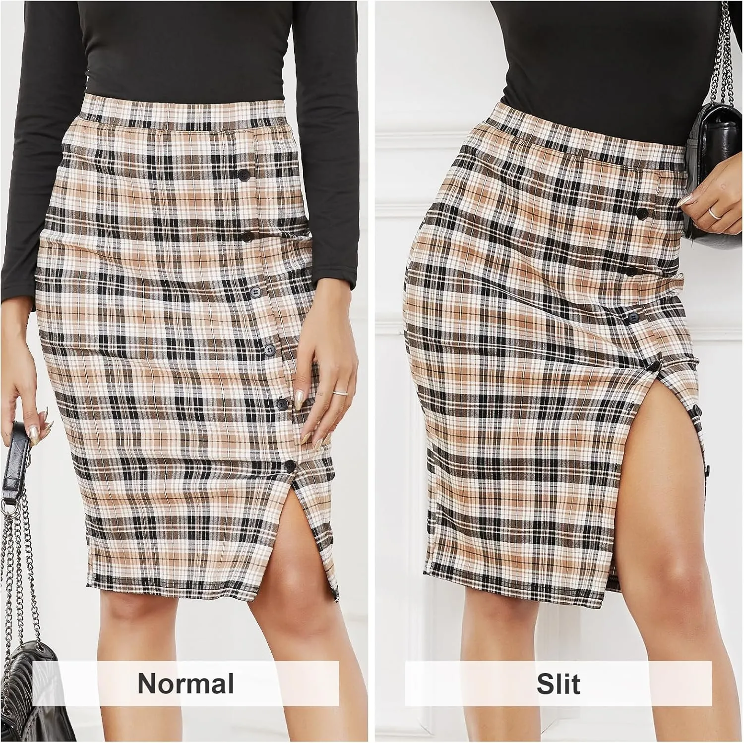 Byinns Women's 2025 High Waist Pencil Skirt Button Slit Work Skirts Plaid Business Bodycon Midi Skirt Knee Length