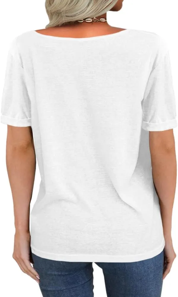 Danedvi Women Fashion Deep V-Neck Short Sleeve Tops Solid Casual Loose Basic T Shirt