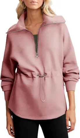 Dokotoo Womens Oversized Sweatshirts Half Zip Drawstring Waist Long Sleeve Side Slits Casual Pullover Sweatshirt Tops
