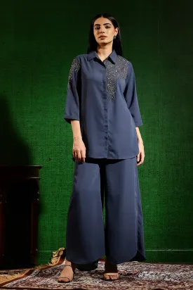 Dusty Blue Embellished Swiss Georgette Silk Co-Ord Set