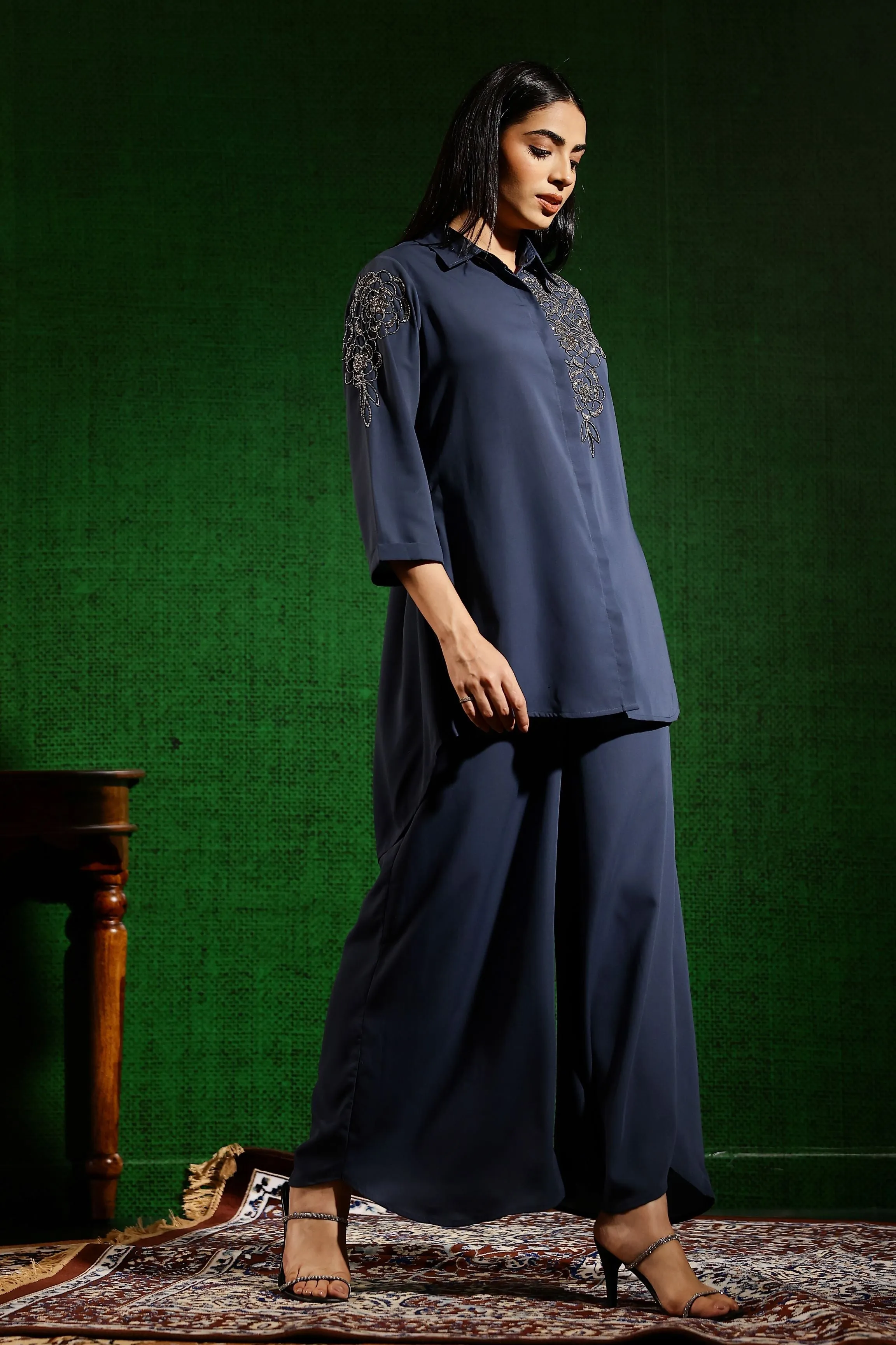 Dusty Blue Embellished Swiss Georgette Silk Co-Ord Set