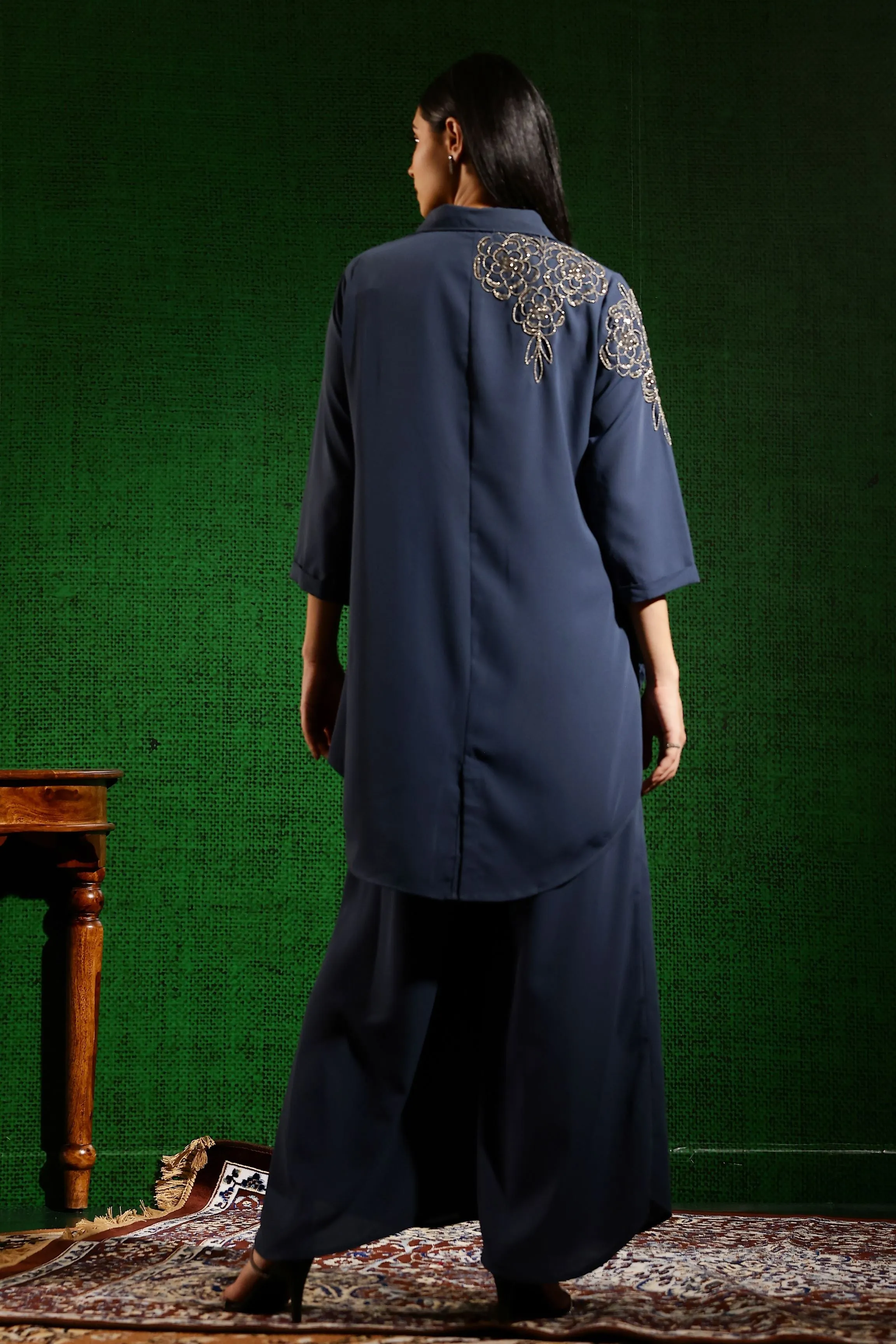 Dusty Blue Embellished Swiss Georgette Silk Co-Ord Set