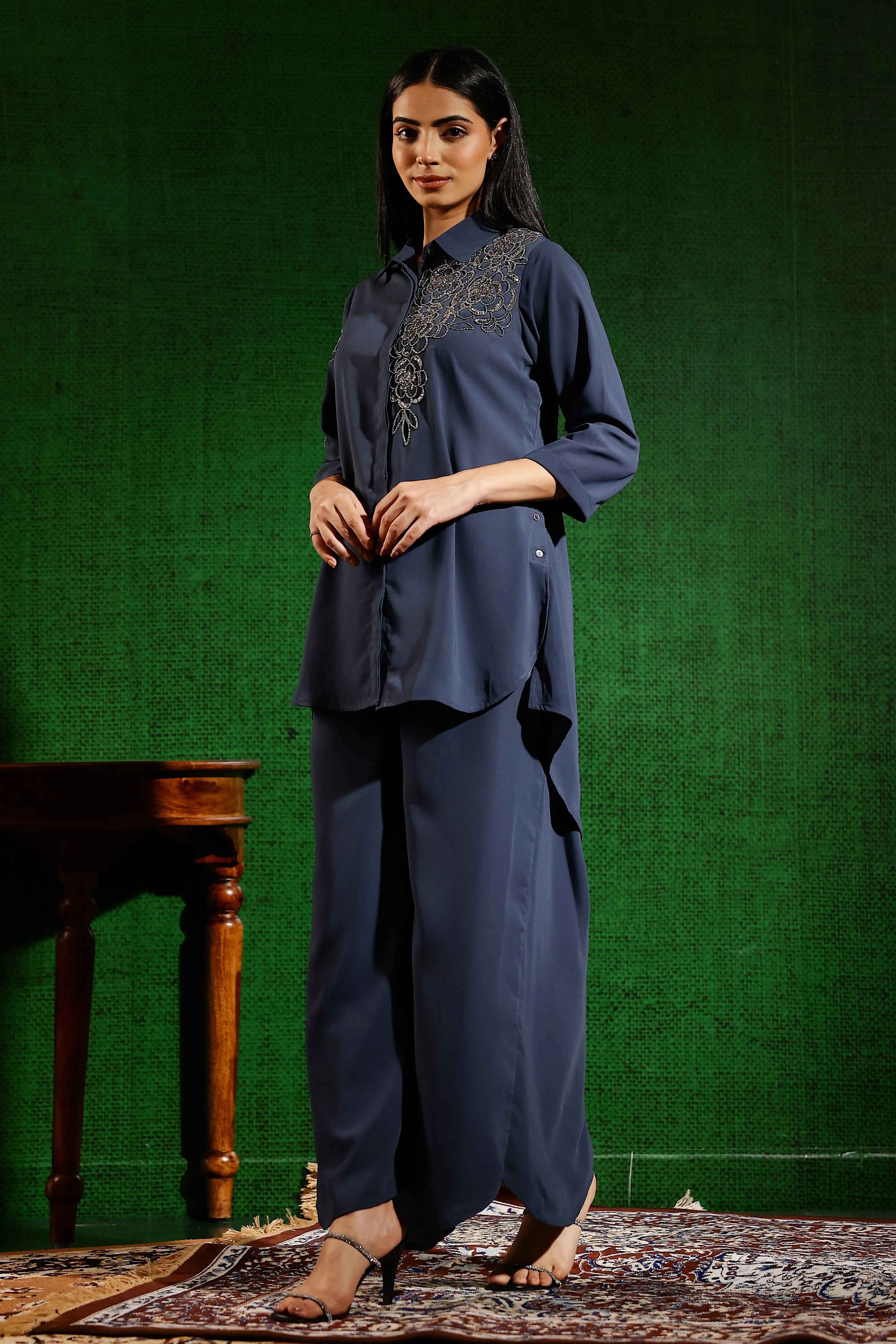 Dusty Blue Embellished Swiss Georgette Silk Co-Ord Set
