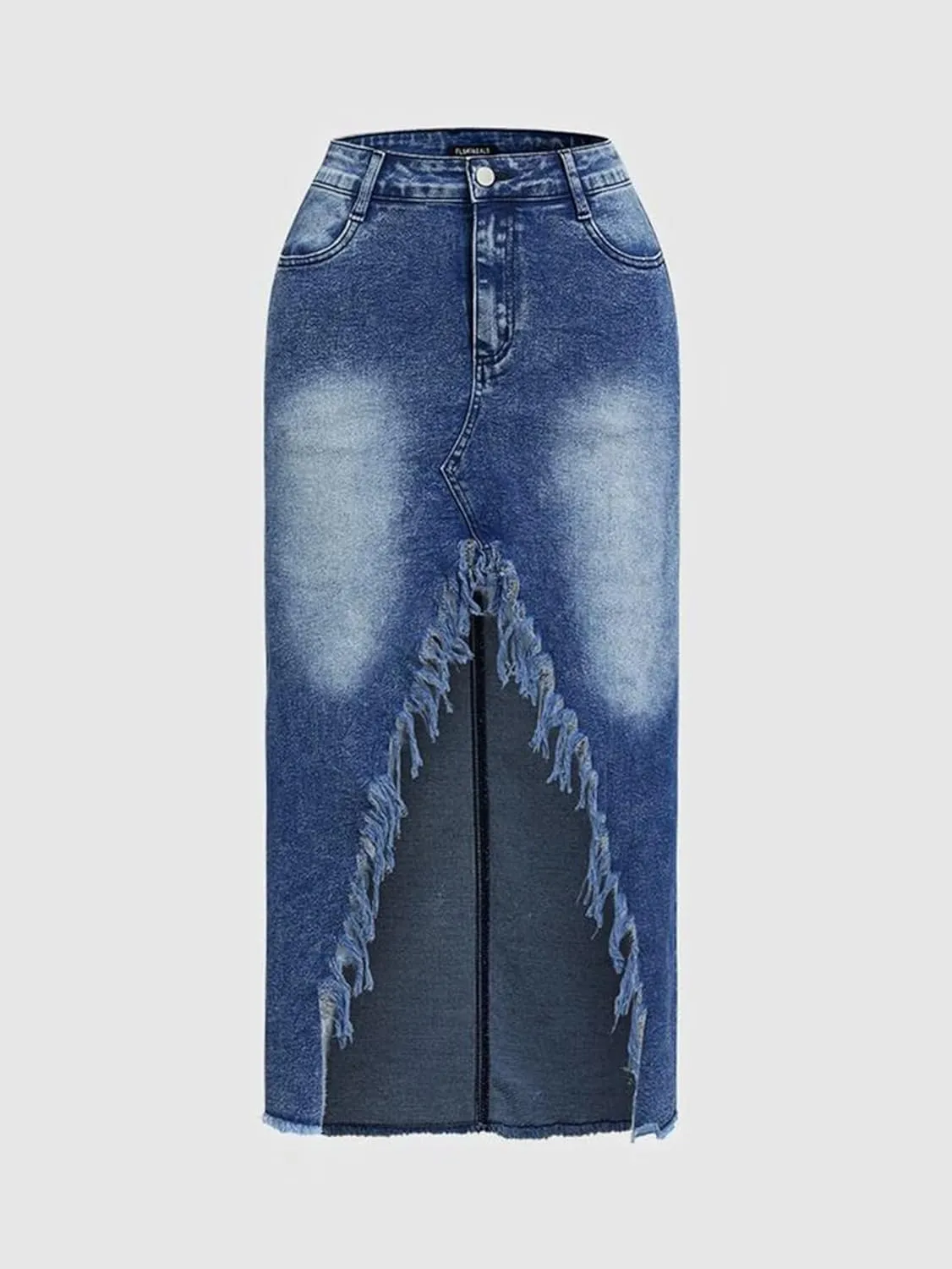 Flamingals Womens' High Waist Midi Stylish Raw Hem Split Asymmetrical Wash Denim Skirt