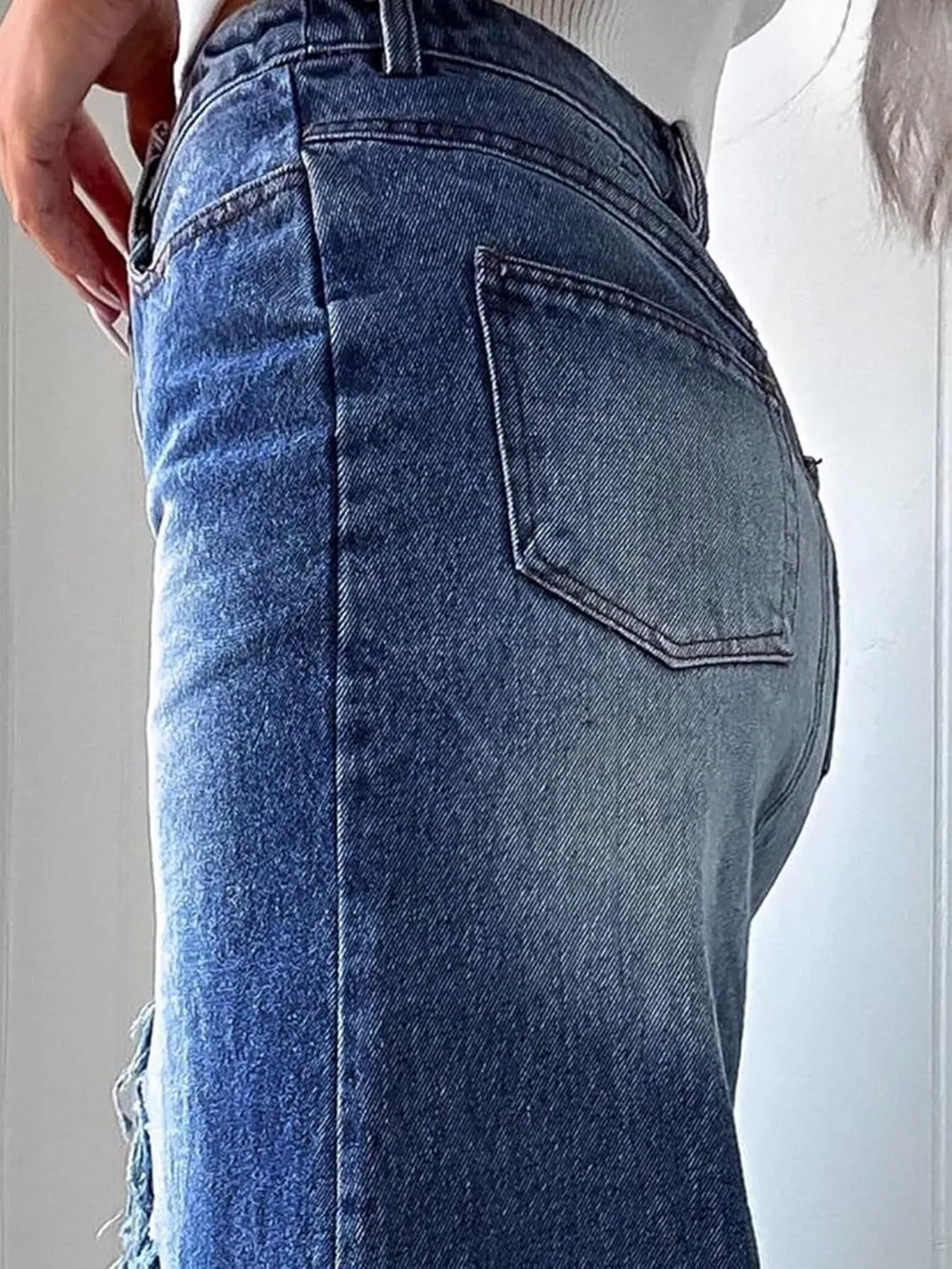 Flamingals Womens' High Waist Midi Stylish Raw Hem Split Asymmetrical Wash Denim Skirt