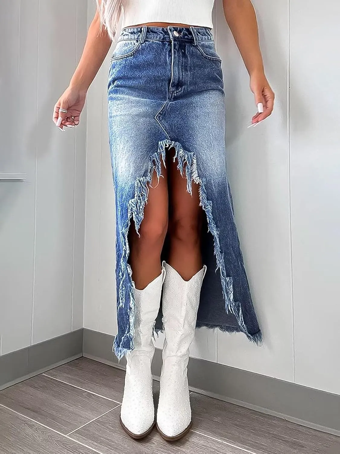 Flamingals Womens' High Waist Midi Stylish Raw Hem Split Asymmetrical Wash Denim Skirt