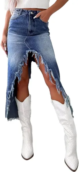 Flamingals Womens' High Waist Midi Stylish Raw Hem Split Asymmetrical Wash Denim Skirt