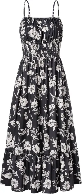 GRACE KARIN Womens 2025 Summer Maxi Dress Sleeveless Floral Spaghetti Strap Smocked Boho Beach Long Dress with Pockets