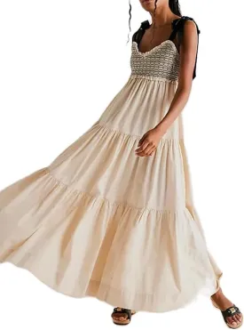 KMBANGI Women Boho Smocked Maxi Dress Tie Shoulder Y2k Floral Flowy Long Dress Swing Sleeveless Spaghetti Strap Sundress