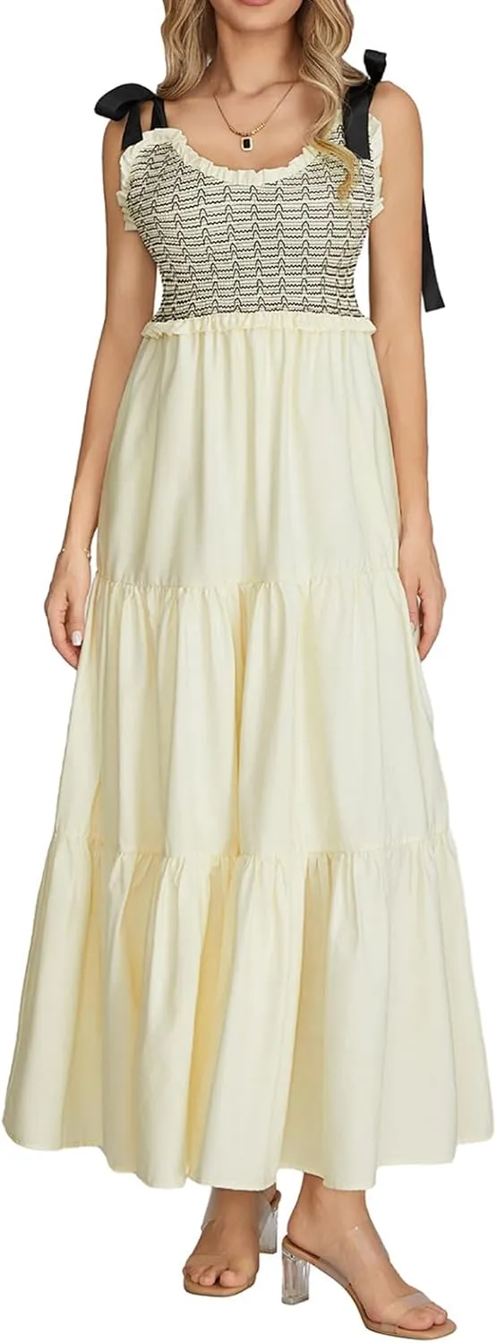 KMBANGI Women Boho Smocked Maxi Dress Tie Shoulder Y2k Floral Flowy Long Dress Swing Sleeveless Spaghetti Strap Sundress