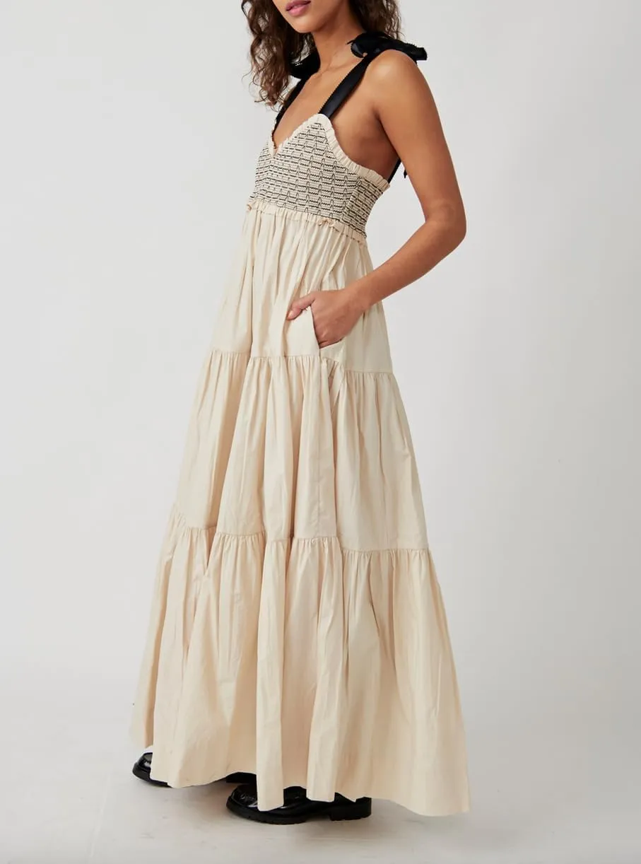 KMBANGI Women Boho Smocked Maxi Dress Tie Shoulder Y2k Floral Flowy Long Dress Swing Sleeveless Spaghetti Strap Sundress
