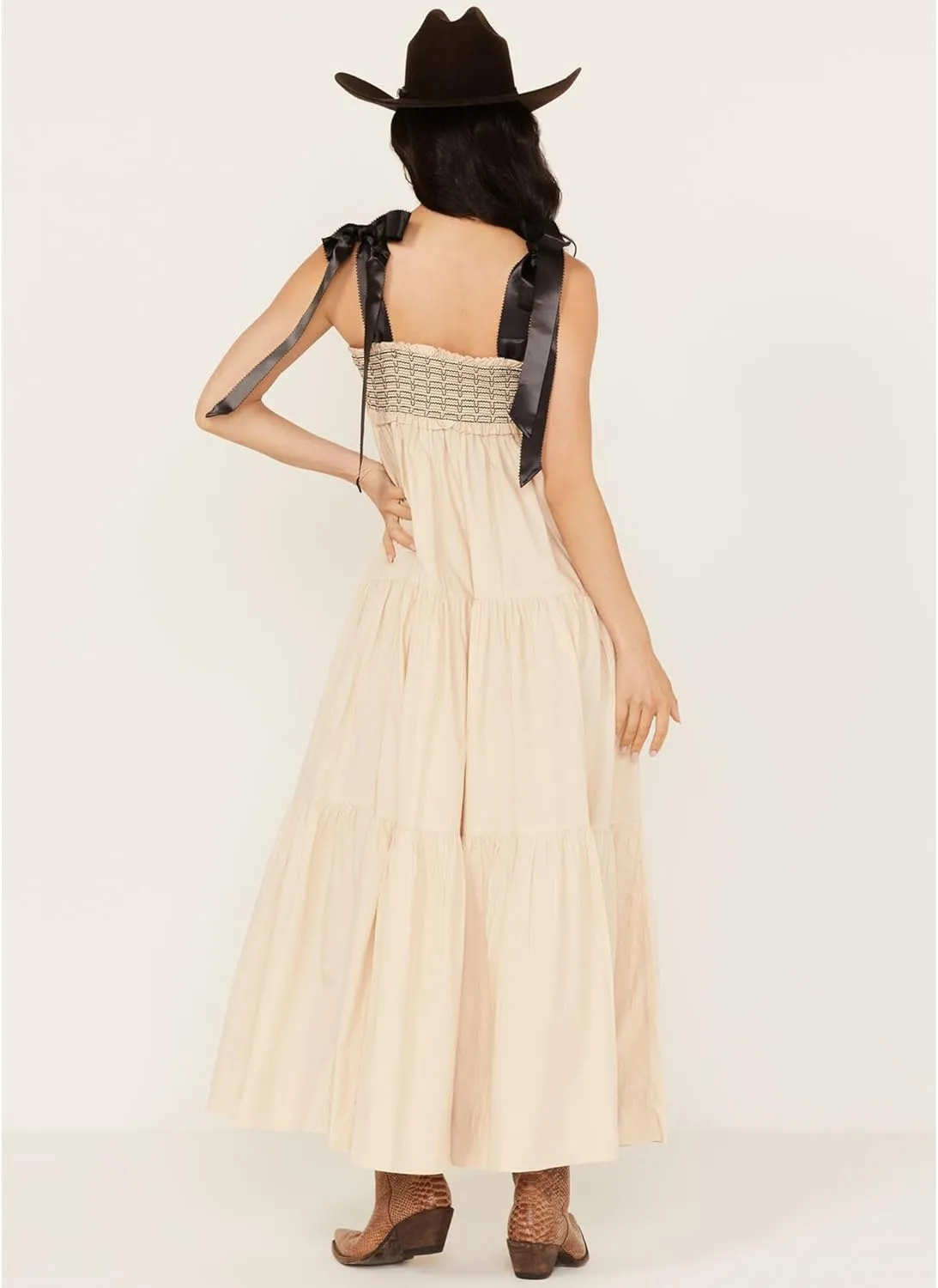 KMBANGI Women Boho Smocked Maxi Dress Tie Shoulder Y2k Floral Flowy Long Dress Swing Sleeveless Spaghetti Strap Sundress
