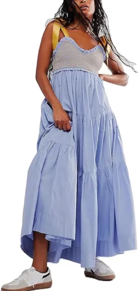 KMBANGI Women Boho Smocked Maxi Dress Tie Shoulder Y2k Floral Flowy Long Dress Swing Sleeveless Spaghetti Strap Sundress
