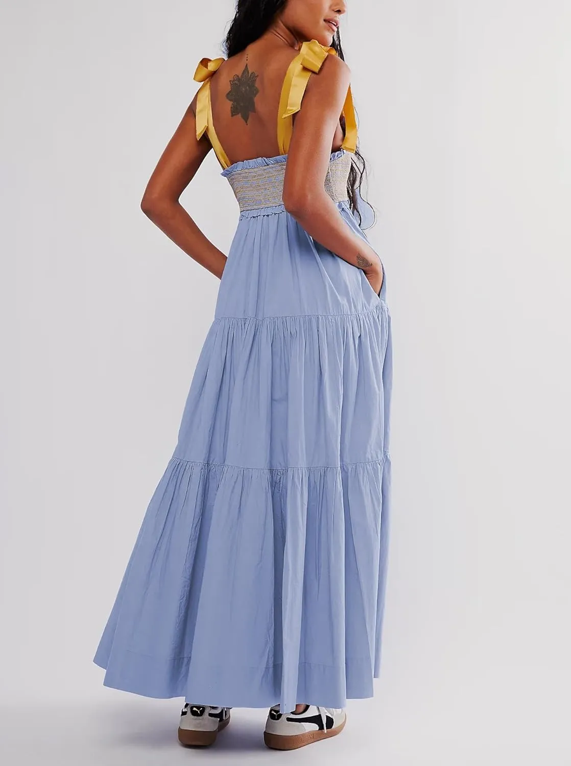 KMBANGI Women Boho Smocked Maxi Dress Tie Shoulder Y2k Floral Flowy Long Dress Swing Sleeveless Spaghetti Strap Sundress