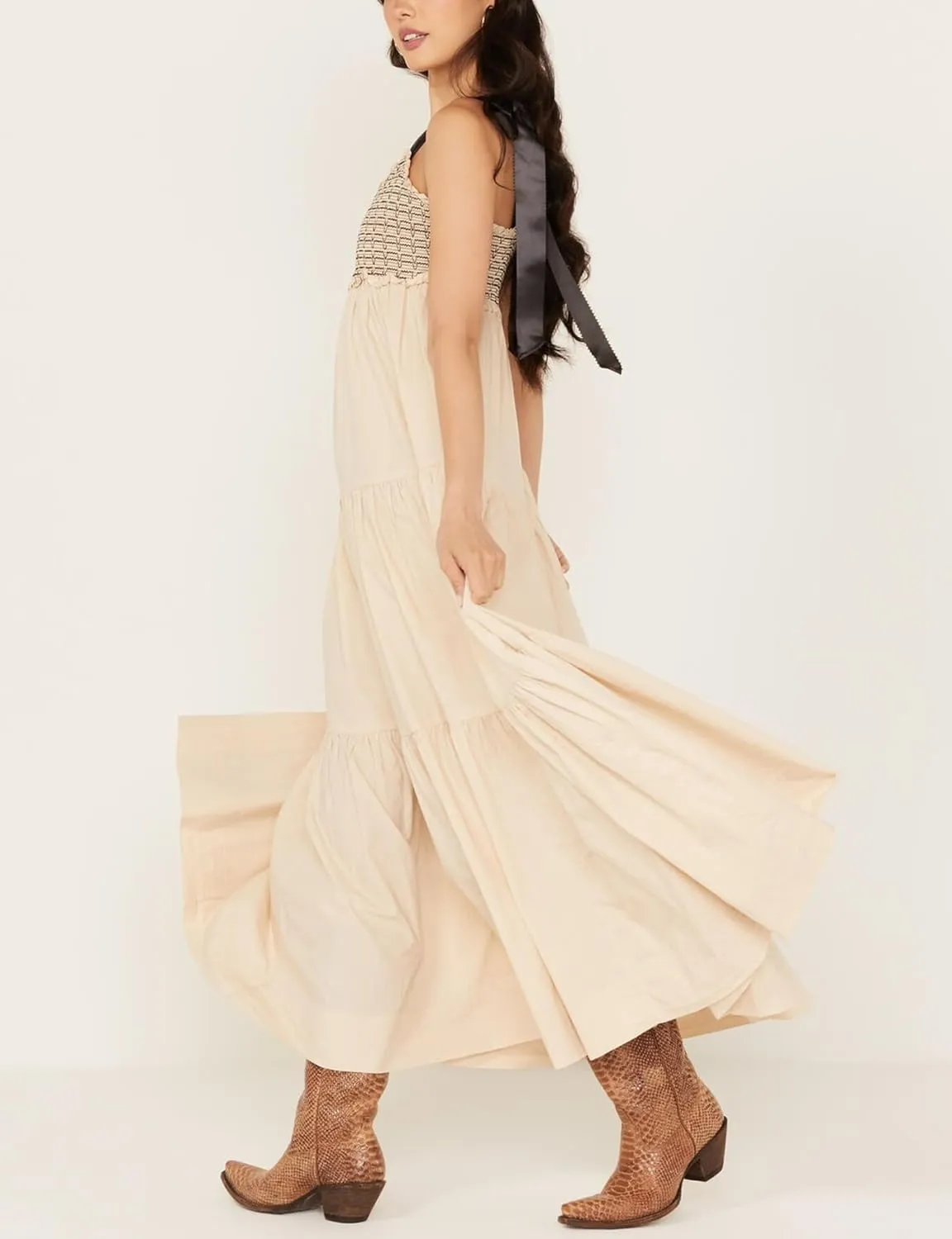 KMBANGI Women Boho Smocked Maxi Dress Tie Shoulder Y2k Floral Flowy Long Dress Swing Sleeveless Spaghetti Strap Sundress