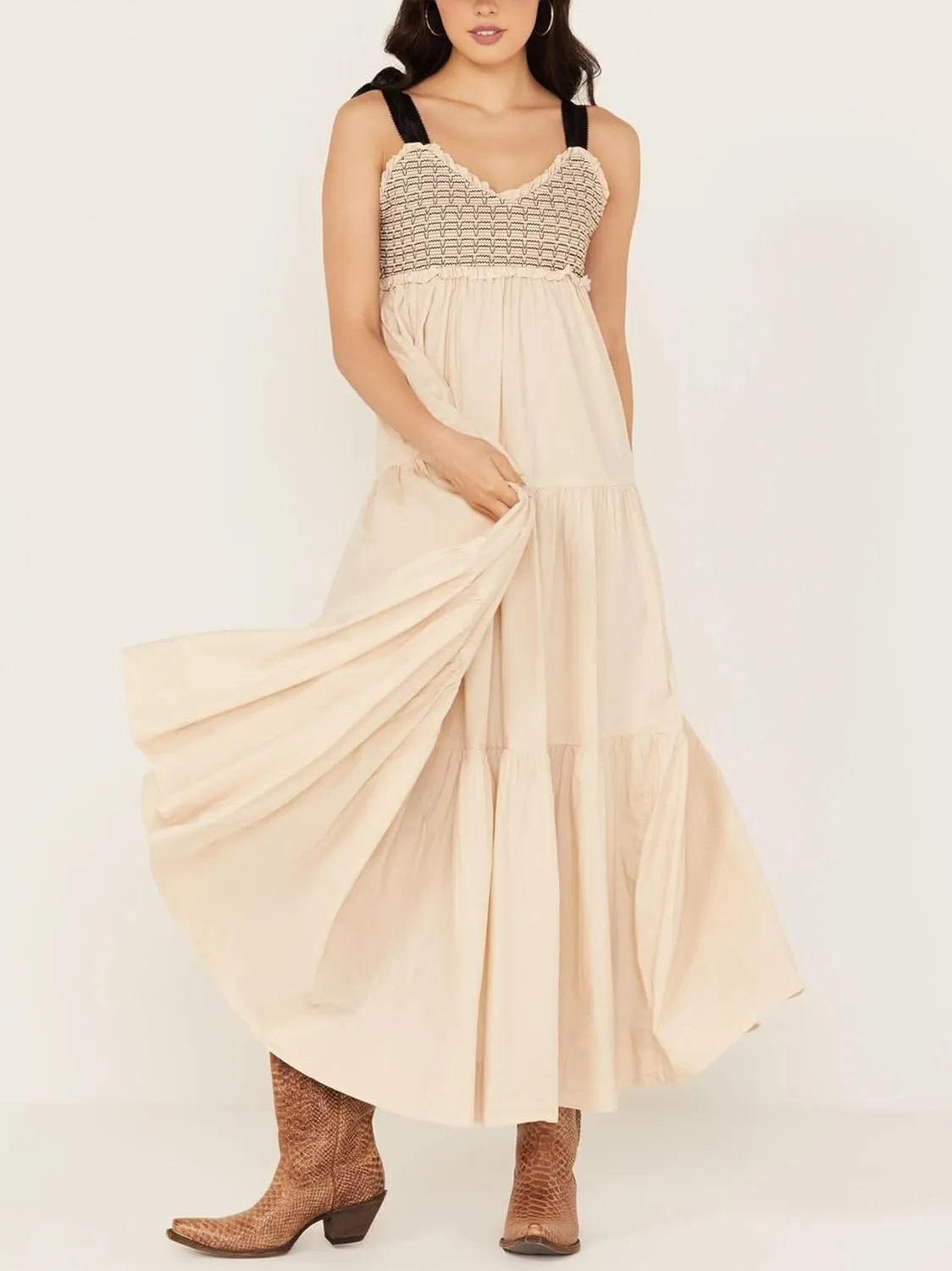 KMBANGI Women Boho Smocked Maxi Dress Tie Shoulder Y2k Floral Flowy Long Dress Swing Sleeveless Spaghetti Strap Sundress