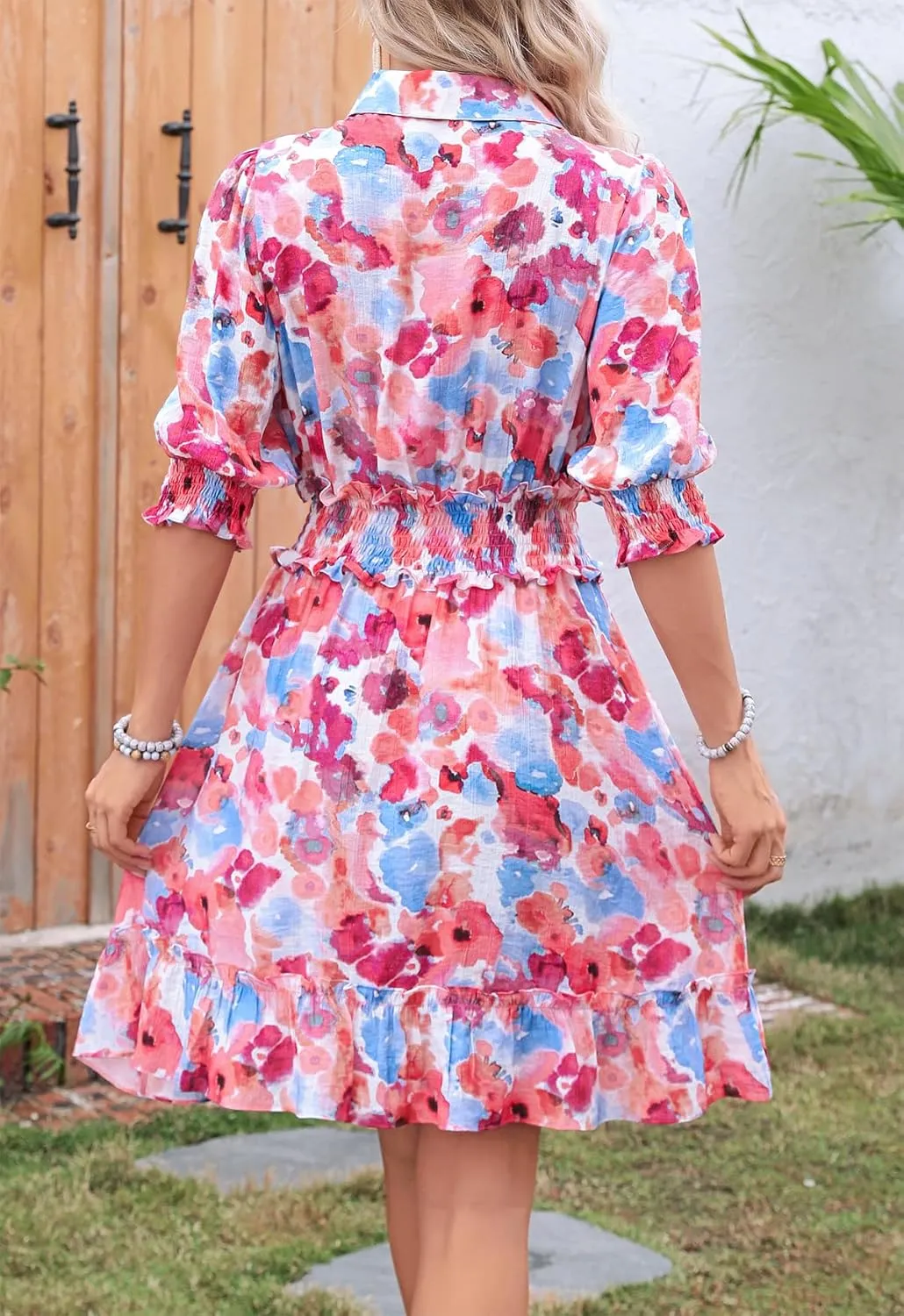 Kormei Women Casual Summer Dress Short Sleeve Button Up V Neck Ruffle A Line Flowy Smocked Skirt Dresses