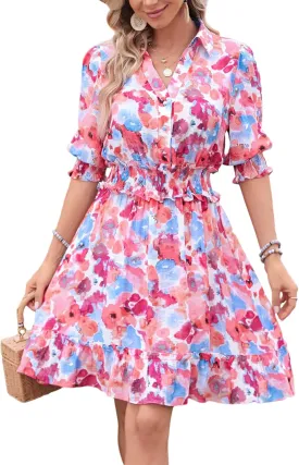 Kormei Women Casual Summer Dress Short Sleeve Button Up V Neck Ruffle A Line Flowy Smocked Skirt Dresses