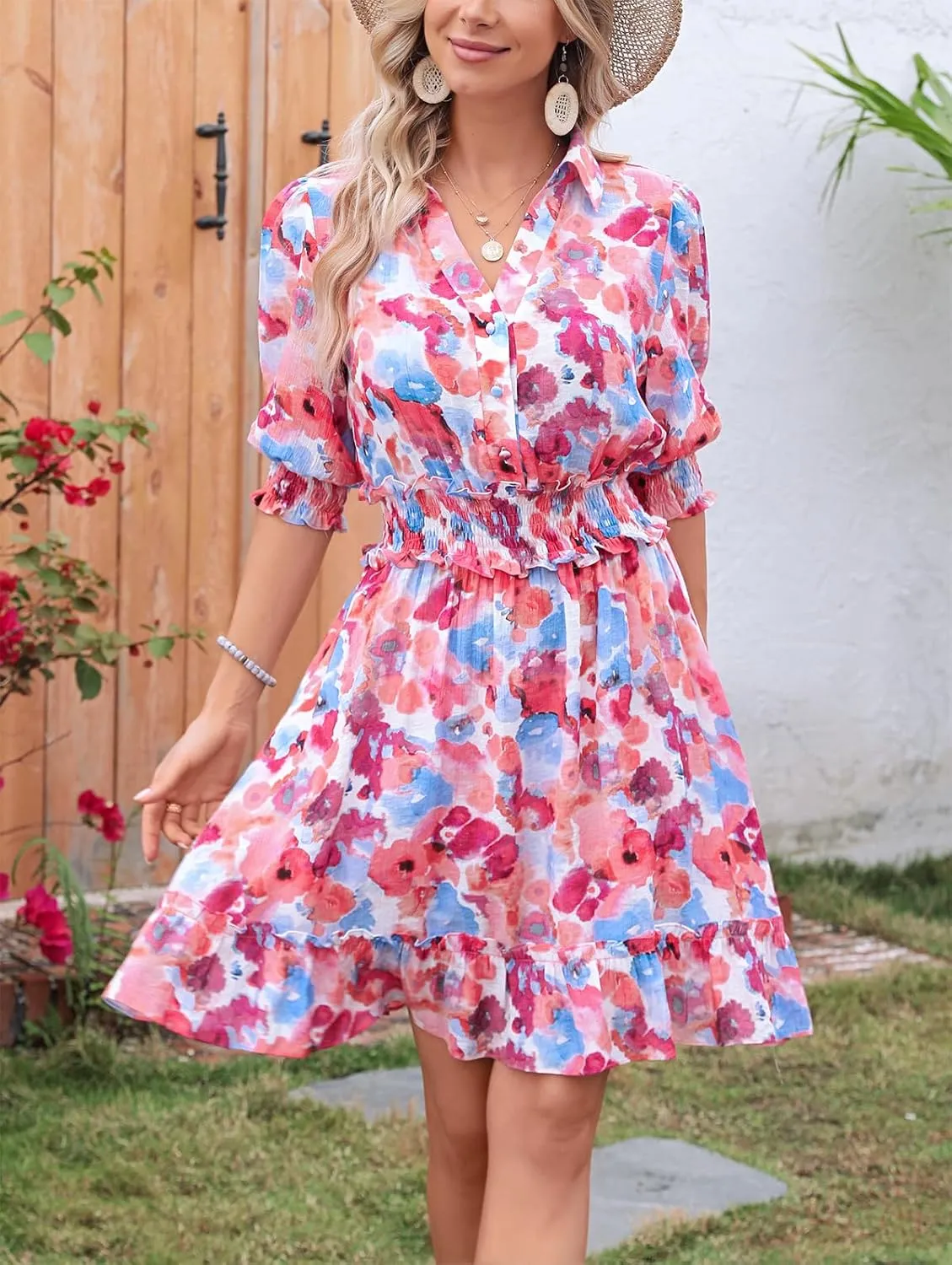 Kormei Women Casual Summer Dress Short Sleeve Button Up V Neck Ruffle A Line Flowy Smocked Skirt Dresses