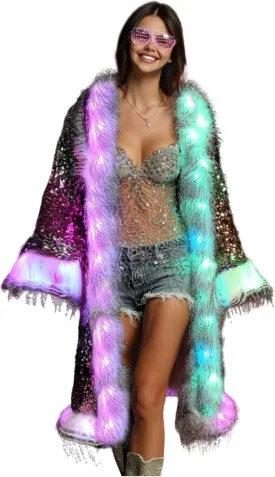 LED Light up Sequin Coat for Women Flash Sparkly Jacket Rave Costume Music Festival Outfits Parties Halloween Holiday