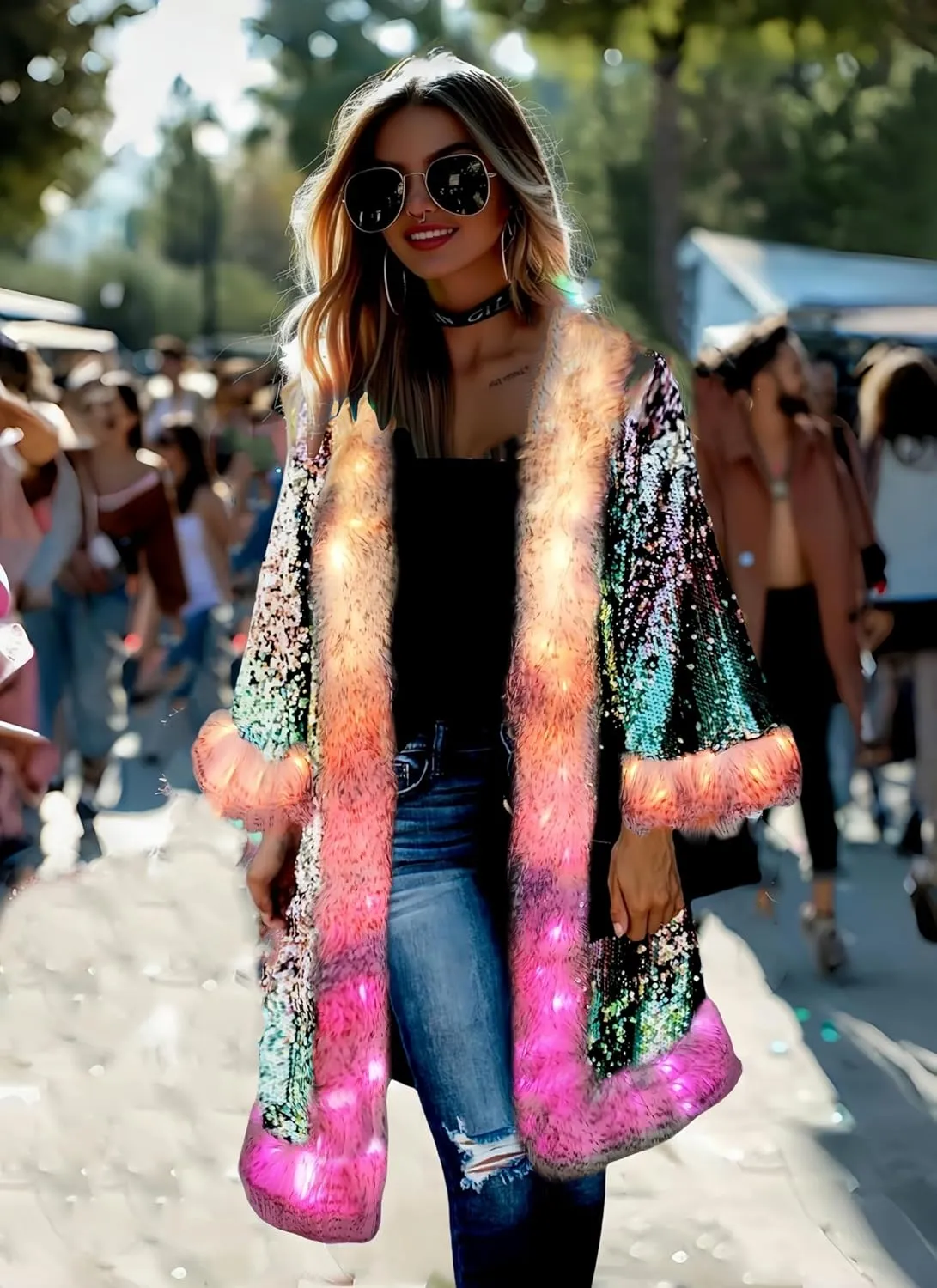 LED Light up Sequin Coat for Women Flash Sparkly Jacket Rave Costume Music Festival Outfits Parties Halloween Holiday