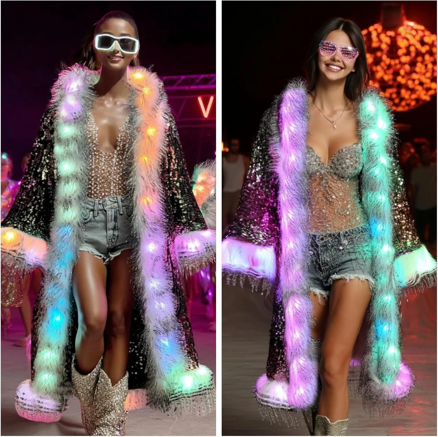 LED Light up Sequin Coat for Women Flash Sparkly Jacket Rave Costume Music Festival Outfits Parties Halloween Holiday