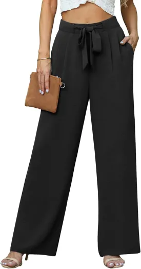 Lepunuo Women's High Waisted Wide Leg Flowy Pants Casual Palazzo Pants Work Adjustable Tie Knot Pants with Pockets