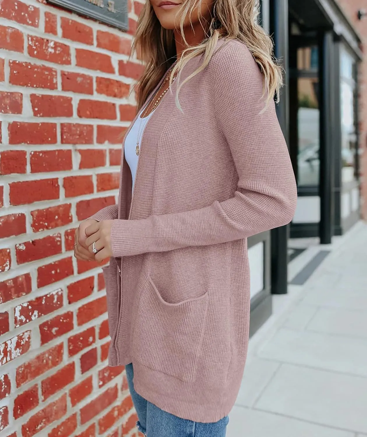 MEROKEETY Women's 2025 Fall Open Front Waffle Knit Cardigan Long Sleeve Cozy Knit Sweaters with Pockets