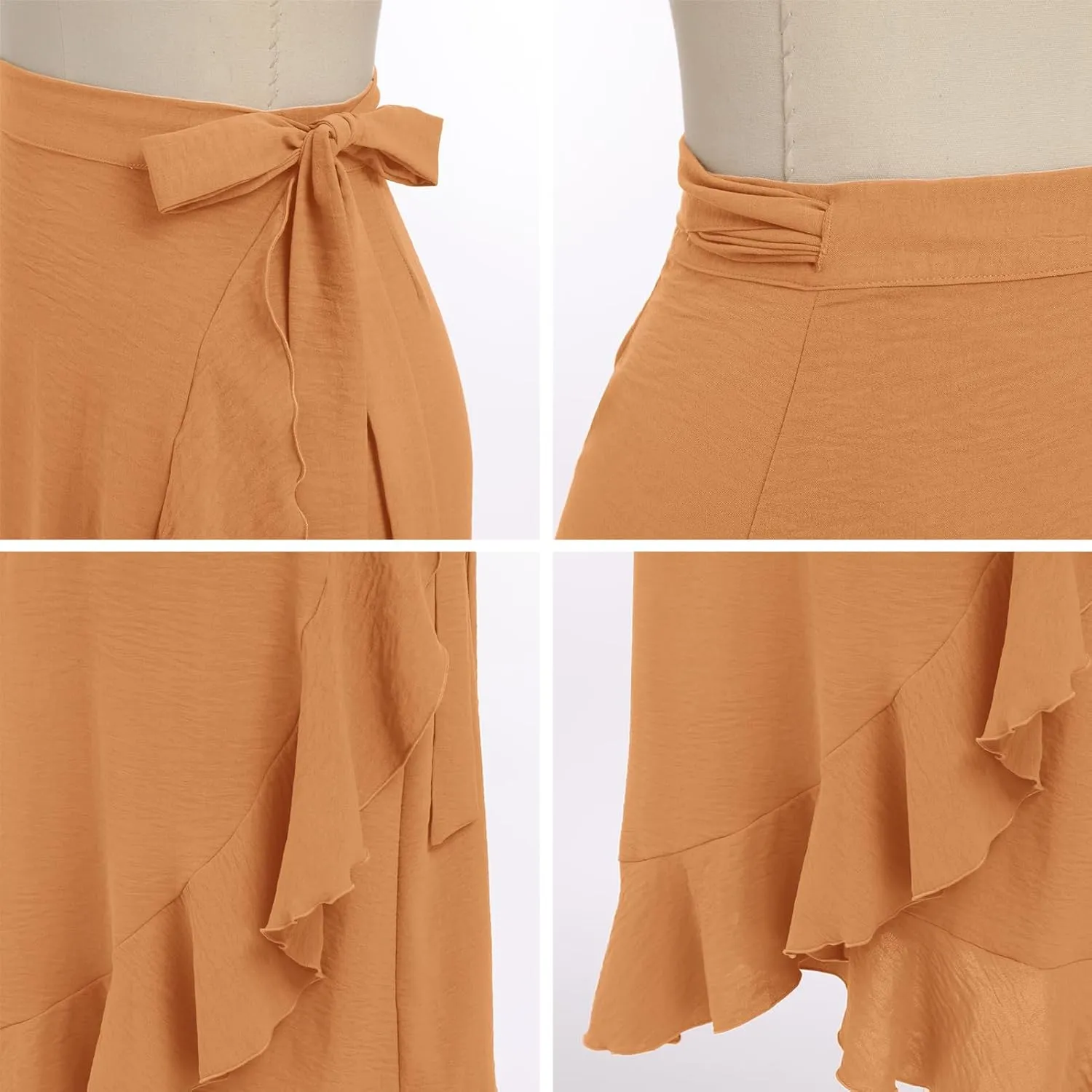 OBEEII Women Ruffle Wrap Skirt Summer Casual High Waist Tie Flowy Beach Skirt High Low Asymmetrical Split Midi Skirts
