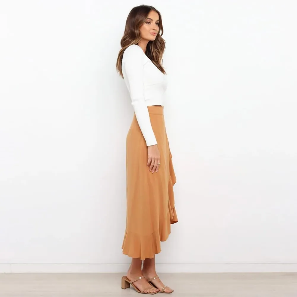 OBEEII Women Ruffle Wrap Skirt Summer Casual High Waist Tie Flowy Beach Skirt High Low Asymmetrical Split Midi Skirts