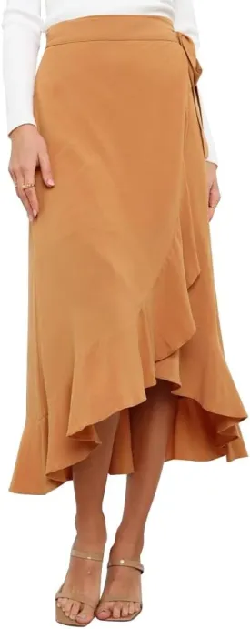 OBEEII Women Ruffle Wrap Skirt Summer Casual High Waist Tie Flowy Beach Skirt High Low Asymmetrical Split Midi Skirts
