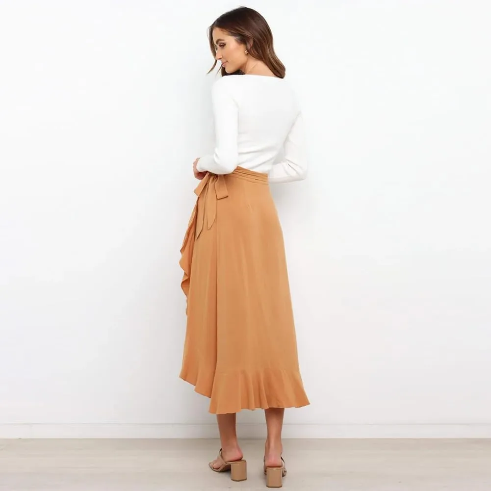 OBEEII Women Ruffle Wrap Skirt Summer Casual High Waist Tie Flowy Beach Skirt High Low Asymmetrical Split Midi Skirts