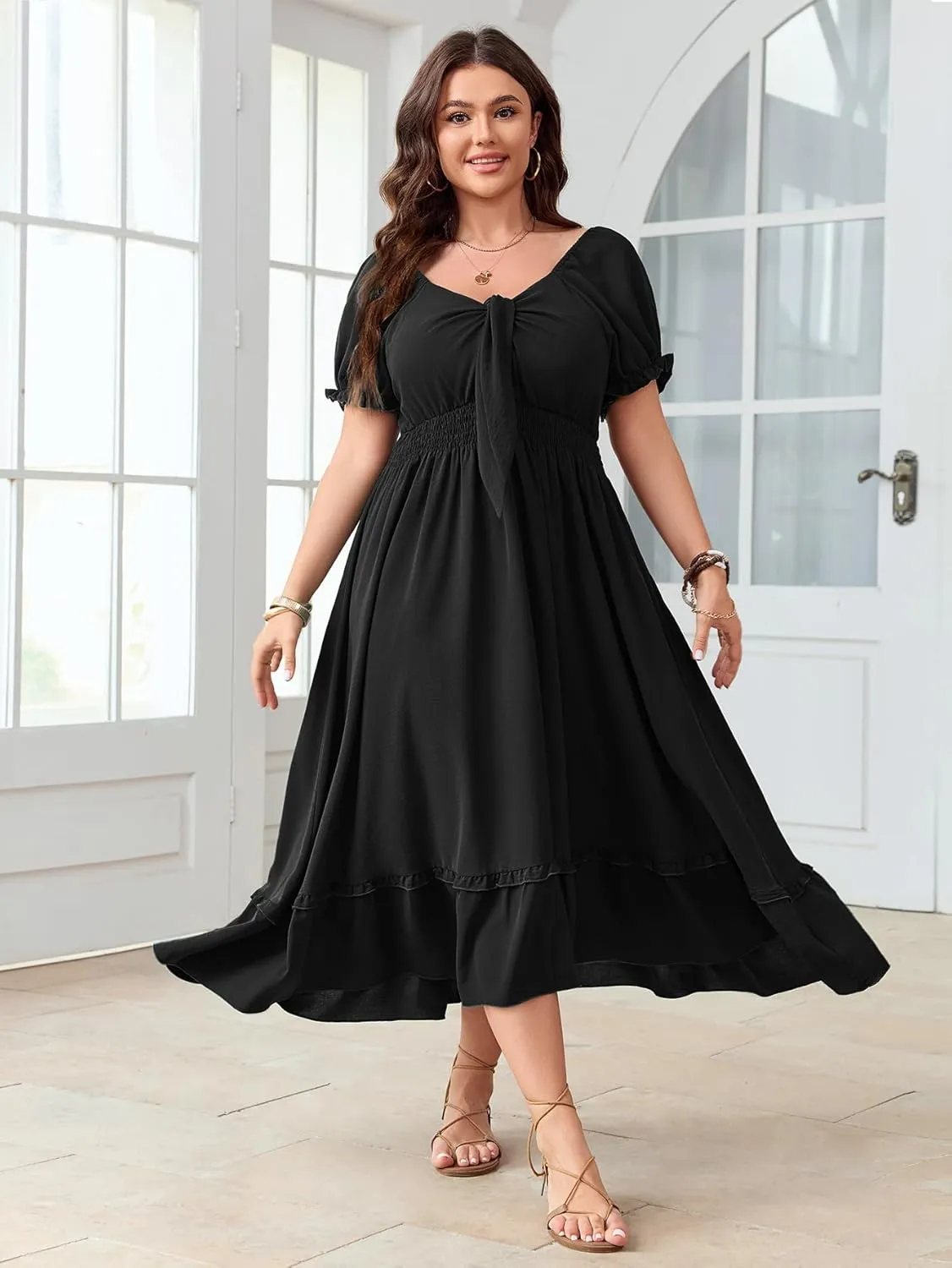 SCOMCHIC Women's Plus Size Summer Dress Casual V Neck Short Sleeve Maxi Dress Bow Tie Boho Swing Flowy Long Dresses