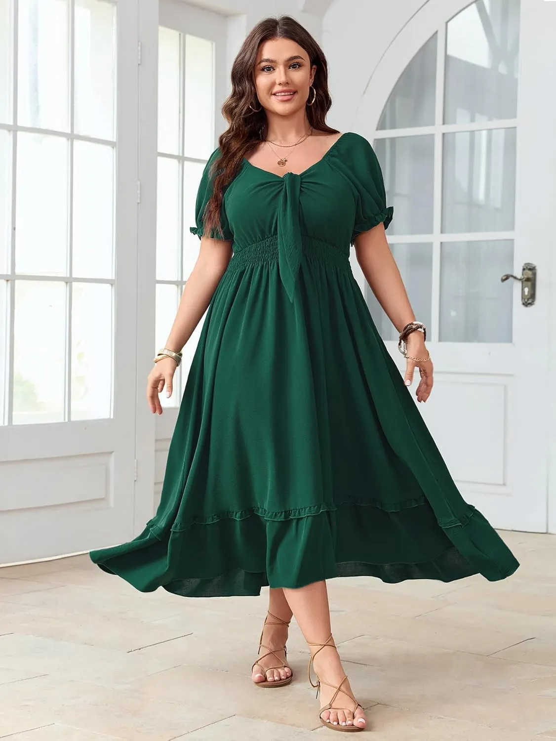 SCOMCHIC Women's Plus Size Summer Dress Casual V Neck Short Sleeve Maxi Dress Bow Tie Boho Swing Flowy Long Dresses