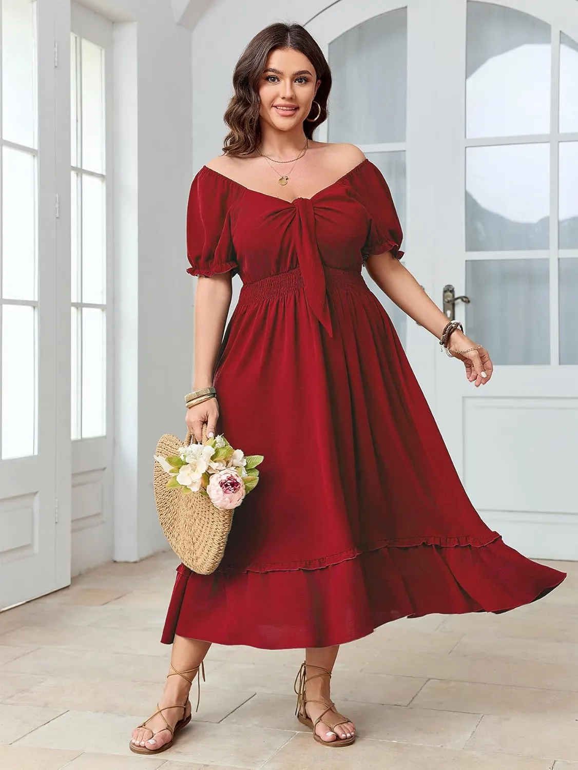 SCOMCHIC Women's Plus Size Summer Dress Casual V Neck Short Sleeve Maxi Dress Bow Tie Boho Swing Flowy Long Dresses