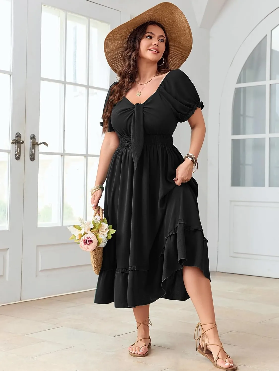 SCOMCHIC Women's Plus Size Summer Dress Casual V Neck Short Sleeve Maxi Dress Bow Tie Boho Swing Flowy Long Dresses