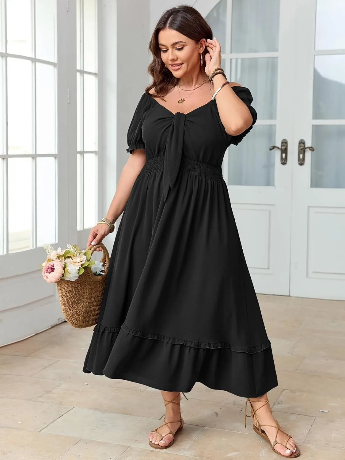 SCOMCHIC Women's Plus Size Summer Dress Casual V Neck Short Sleeve Maxi Dress Bow Tie Boho Swing Flowy Long Dresses