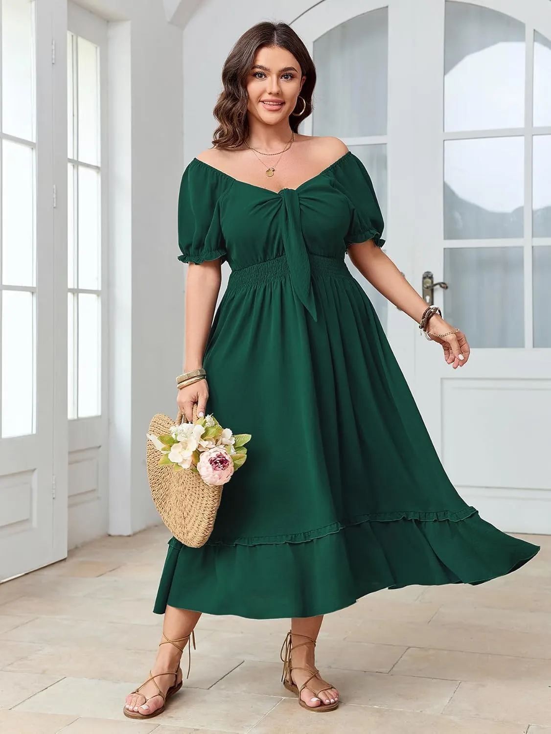 SCOMCHIC Women's Plus Size Summer Dress Casual V Neck Short Sleeve Maxi Dress Bow Tie Boho Swing Flowy Long Dresses