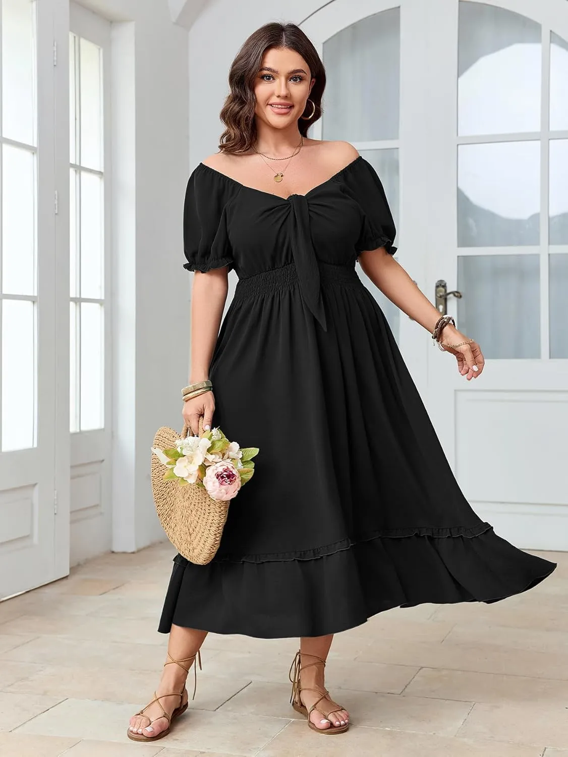 SCOMCHIC Women's Plus Size Summer Dress Casual V Neck Short Sleeve Maxi Dress Bow Tie Boho Swing Flowy Long Dresses