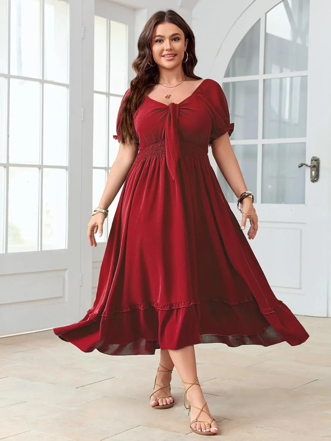 SCOMCHIC Women's Plus Size Summer Dress Casual V Neck Short Sleeve Maxi Dress Bow Tie Boho Swing Flowy Long Dresses