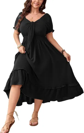 SCOMCHIC Women's Plus Size Summer Dress Casual V Neck Short Sleeve Maxi Dress Bow Tie Boho Swing Flowy Long Dresses