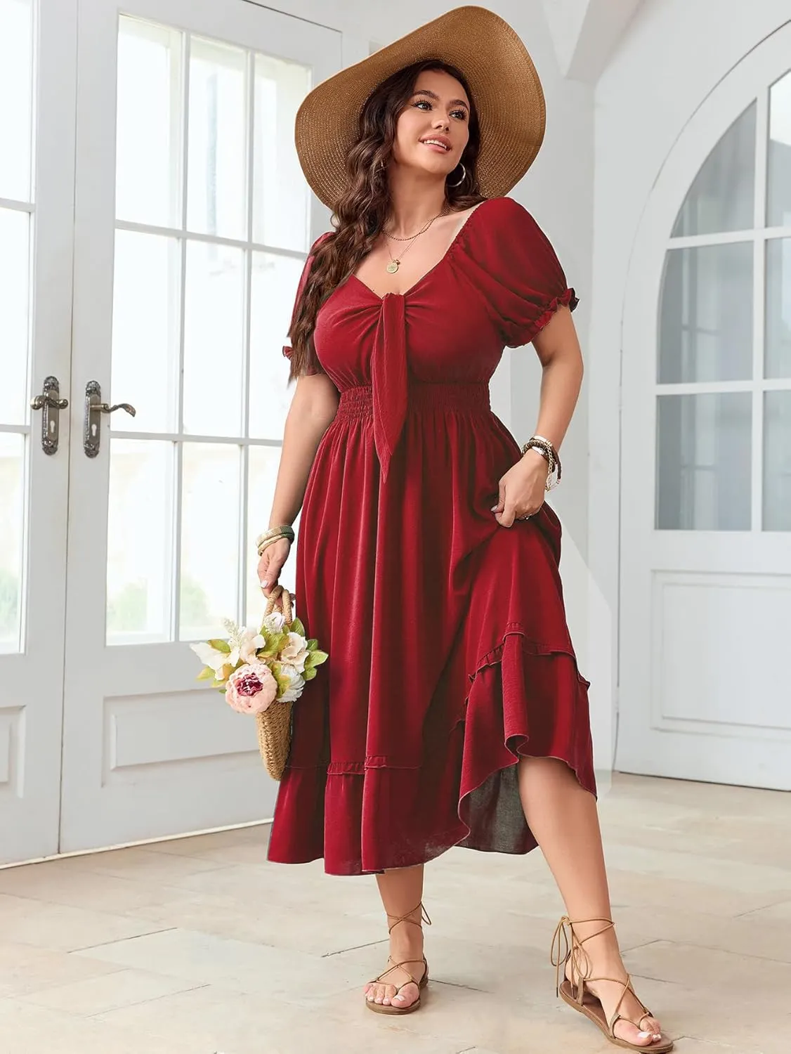 SCOMCHIC Women's Plus Size Summer Dress Casual V Neck Short Sleeve Maxi Dress Bow Tie Boho Swing Flowy Long Dresses