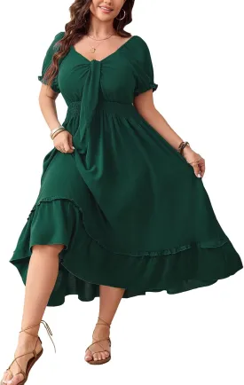 SCOMCHIC Women's Plus Size Summer Dress Casual V Neck Short Sleeve Maxi Dress Bow Tie Boho Swing Flowy Long Dresses