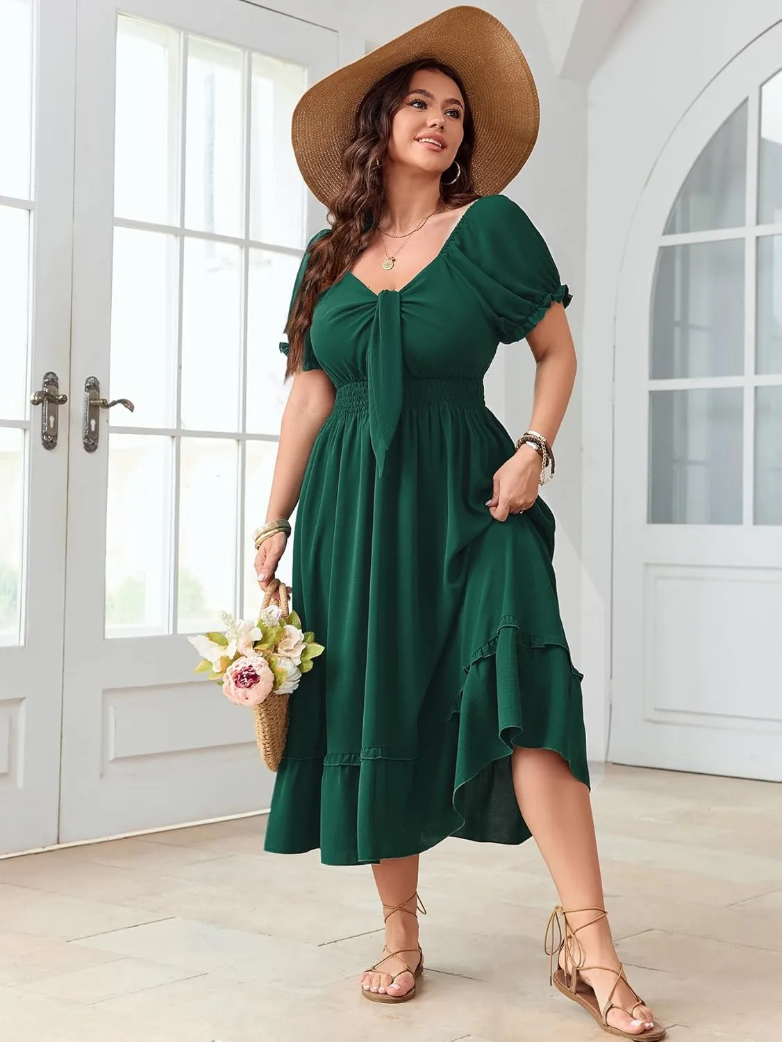 SCOMCHIC Women's Plus Size Summer Dress Casual V Neck Short Sleeve Maxi Dress Bow Tie Boho Swing Flowy Long Dresses