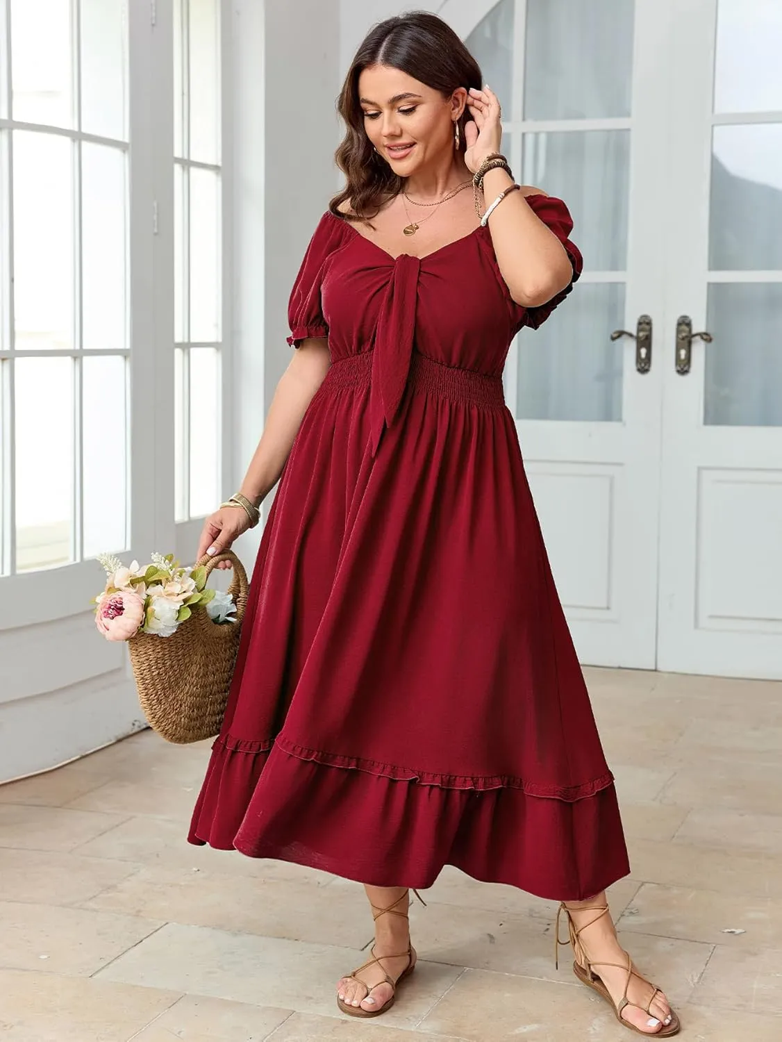 SCOMCHIC Women's Plus Size Summer Dress Casual V Neck Short Sleeve Maxi Dress Bow Tie Boho Swing Flowy Long Dresses
