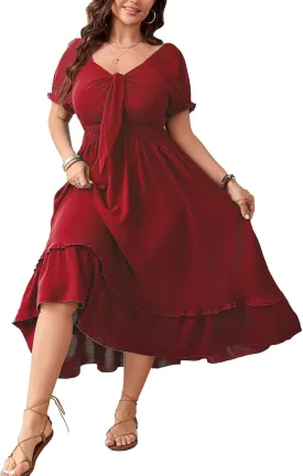 SCOMCHIC Women's Plus Size Summer Dress Casual V Neck Short Sleeve Maxi Dress Bow Tie Boho Swing Flowy Long Dresses